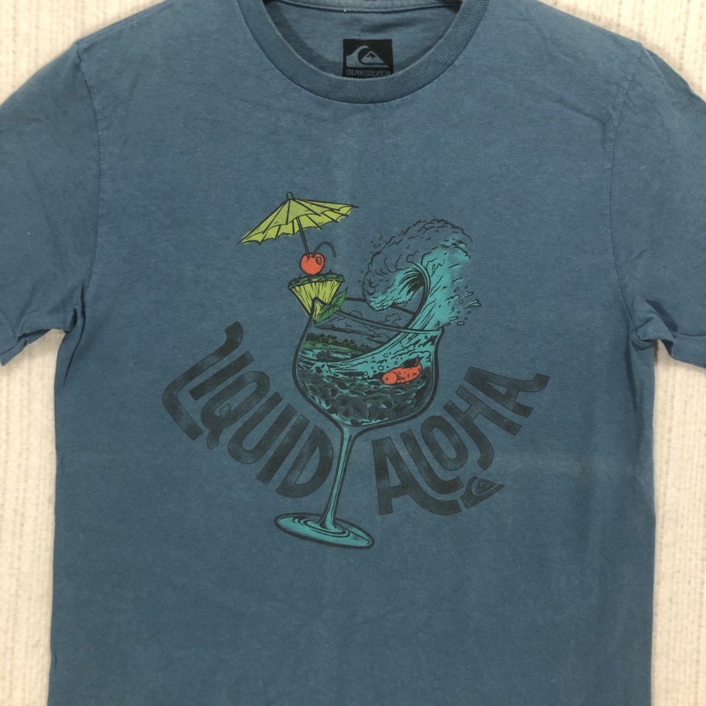Quiksilver Mens Liquid Aloha Graphic T-Shirt Blue Slim Fit S Small Cotton Surf